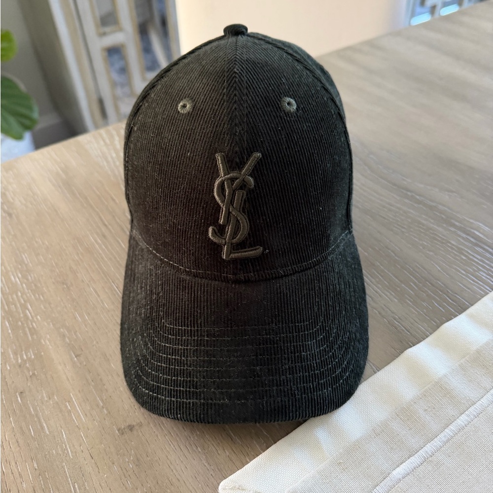 Saint Laurent Green Corduroy Logo Baseball Cap